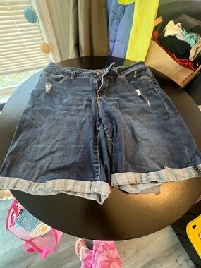 Time and Tru Dark Blue Rolled-Hem Distressed Jean Shorts